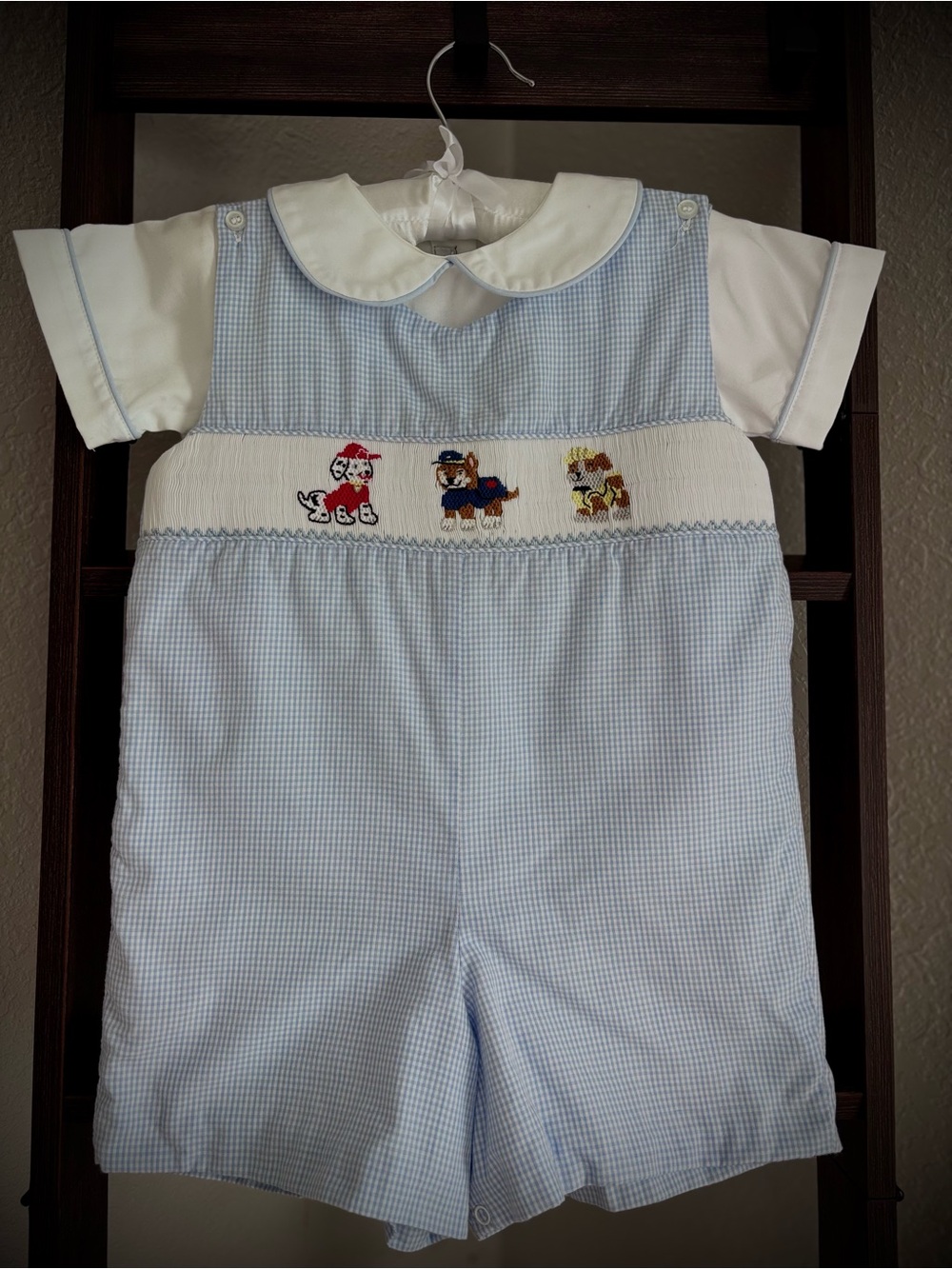 Light Blue Gingham Smocked Puppy Short Romper by